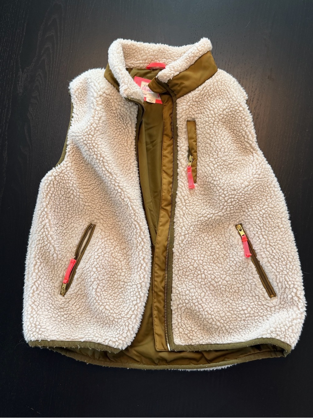 Crewcuts cream sherpa vest with olive body and neon pink trim